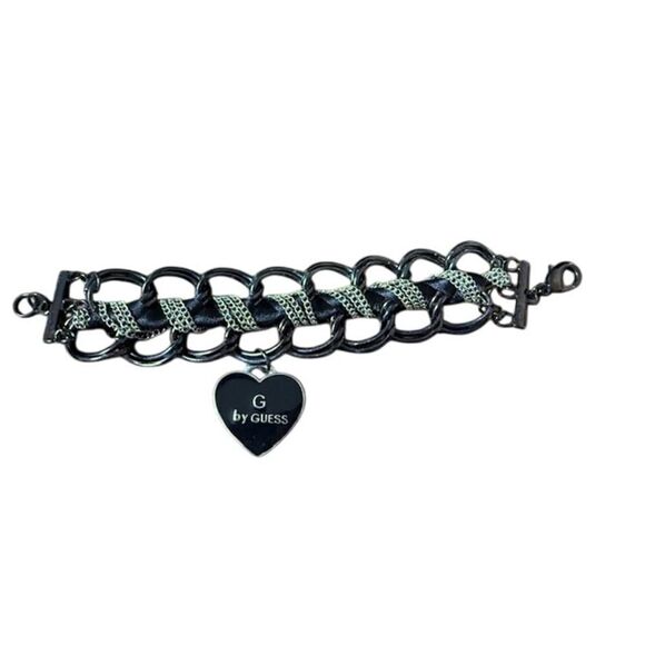 Guess silver and black 7" woven bracelet with dangle hart charm - Picture 1 of 4